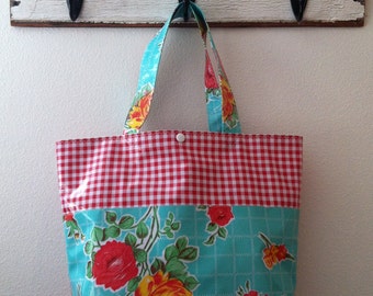 Beth's Aqua Vintage Rose Grocery Style Tote with Red Gingham