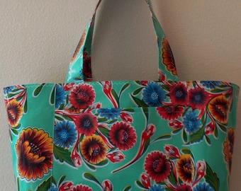 Beth's Large Aqua Bloom Oilcloth Tote Bag with Exterior Pockets