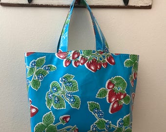 Beth's Large Blue Strawberry Oilcloth Market Tote Bag