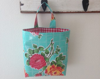 Beth's Aqua or white Vintage Rose Oilcloth Car Trash Bag Hanging Receptacle