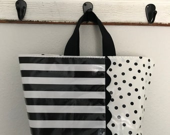 Beth's Black Stripes Black Rick Rack Oilcloth Market Tote Bag