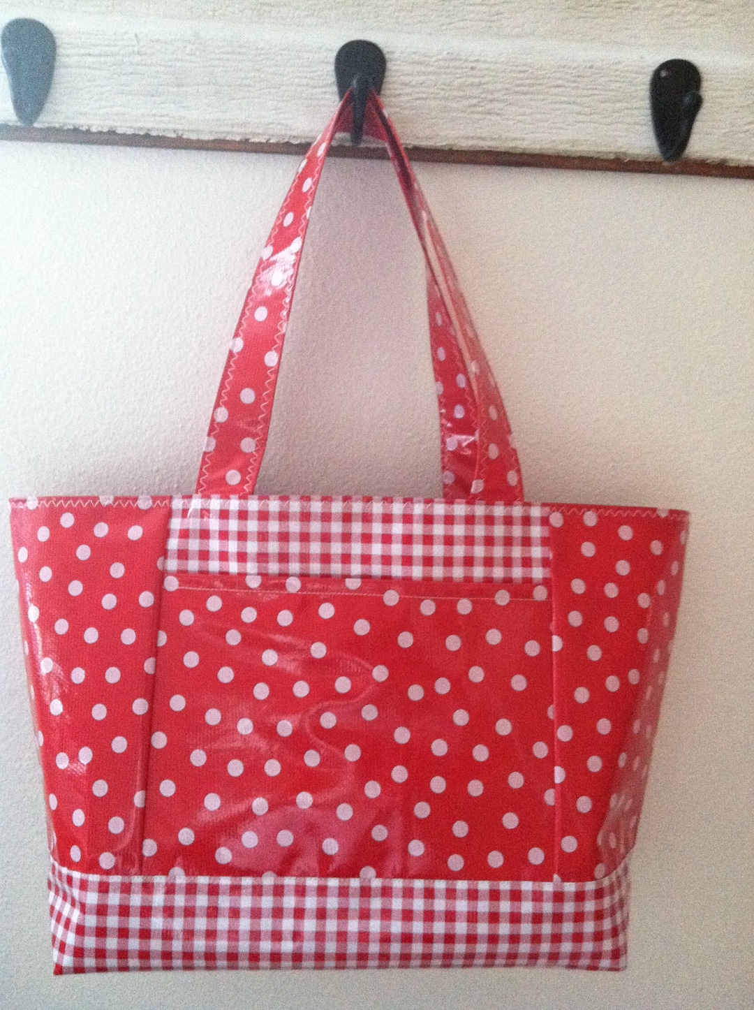 Beth's White Dot on Red Large Oilcloth Tote With Exterior Pockets - Etsy