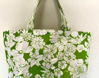 Beth's Big kiwi green vintage floral oilcloth market tote bag