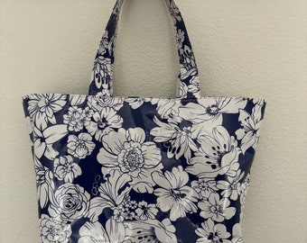 Beth's Large blue mixed floral vintage oilcloth market tote bag