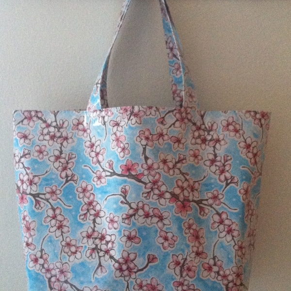Beth's Big Blue  Apple Blossom Oilcloth Market Tote Bag