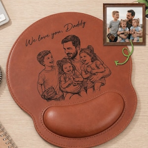 Personalized Leather Mouse Pad, Custom Dad Photo Sketch Line Art Pad Mouse, Engraved Family Desk Accessory, Father's Day Gift For Daddy