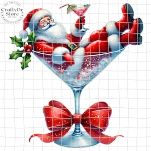 Puede incluir: Una ilustración caprichosa de Papá Noel relajándose en una copa de Martini, sosteniendo un cóctel. Viste un traje y gorro rojos, con barba blanca y gafas. Un gran lazo rojo adorna la base de la copa, con acebo y bayas a un lado.