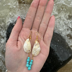 Lake Michigan mussel shell earrings with beaded gems in gold