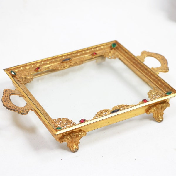 Vintage Ormolu Gold Jeweled Handled Tray, Filigree Vanity Tray, Gold Jewel Dresser Tray, Bejeweled Handled Glass Tray