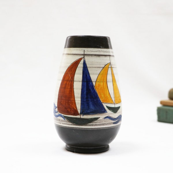Vintage German Handarbeit Pottery Sailboat Vase, Etched Textured Sail Boat Pottery Vase, Made in Germany, Handpainted Scenic Pottery Vase
