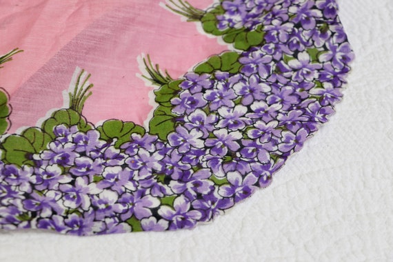 Purple and Pink Floral Hankie Scalloped Purple Flowers Oval Handkerchief Vintage Purple Violet Floral Handkerchief Pure Linen Hankie