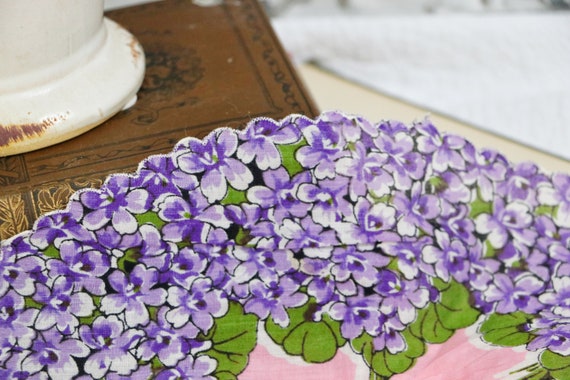 Purple and Pink Floral Hankie Scalloped Purple Flowers Oval Handkerchief Vintage Purple Violet Floral Handkerchief Pure Linen Hankie