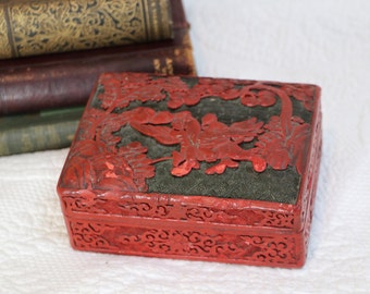 Vintage Chinese Red Cinnabar Trinket Box, Hand Carved Ancient China Warrior Nature Carving, Cinnabar Lacquer Black Enamel Jewelry Box