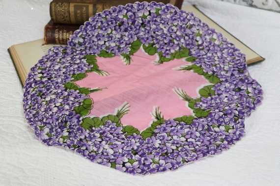 Purple and Pink Floral Hankie Scalloped Purple Flowers Oval Handkerchief Vintage Purple Violet Floral Handkerchief Pure Linen Hankie