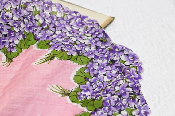 Purple and Pink Floral Hankie Scalloped Purple Flowers Oval Handkerchief Vintage Purple Violet Floral Handkerchief Pure Linen Hankie