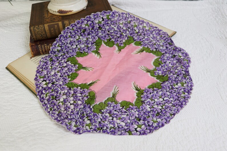 Purple and Pink Floral Hankie Scalloped Purple Flowers Oval Handkerchief Vintage Purple Violet Floral Handkerchief Pure Linen Hankie