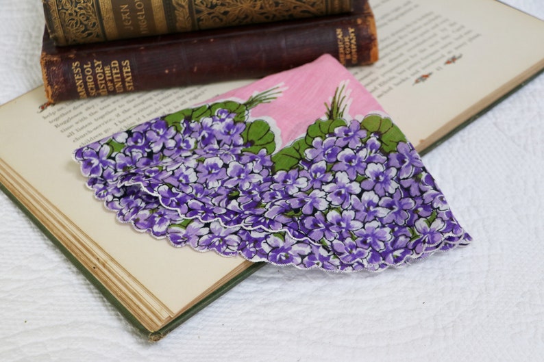 Purple and Pink Floral Hankie Scalloped Purple Flowers Oval Handkerchief Vintage Purple Violet Floral Handkerchief Pure Linen Hankie