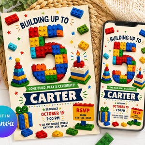 Puede incluir: Una tarjeta de invitación de cumpleaños y una pantalla de smartphone con el mismo diseño que muestra un gran número 5 construido con bloques de construcción de plástico de colores, un pastel, regalos y el texto Building Up To, Carter y RSVP.