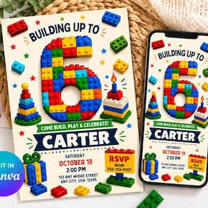 Può includere: Un invito di compleanno e uno schermo di smartphone che mostra lo stesso design con un grande numero 6 costruito con mattoncini colorati, una torta di compleanno, regali e il testo Building Up To 6 Carter Saturday October 19.