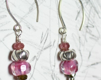 Hand blown lampwork bead and tourmaline earrings sterling beads