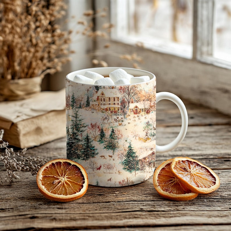Puede incluir: Una taza de cer&aacute;mica blanca llena de malvaviscos, con una escena de paisaje invernal con casas y &aacute;rboles. Dos rodajas de naranja secas se encuentran junto a la taza sobre una superficie de madera, creando un tema estacional.