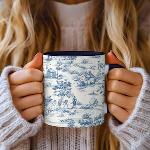 Blue French Toile Countryside Coffee Mug Elegant Blue White Chinoiserie Mug Gift for Farmhouse Kitchen Decor Gift Chinoiserie Cottagecore