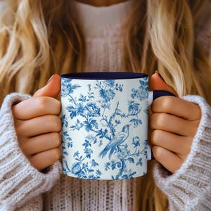 French Blue Floral Coffee Mug Chinoiserie Bird Coffee Mug for Her Blue Toile Coffee Cup for Coffee Lover Aesthetic Tea Mug Kitchen Decor Cup