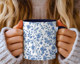 Chinoiserie Floral Mug: Elegant Blue Rose Coffee Cup