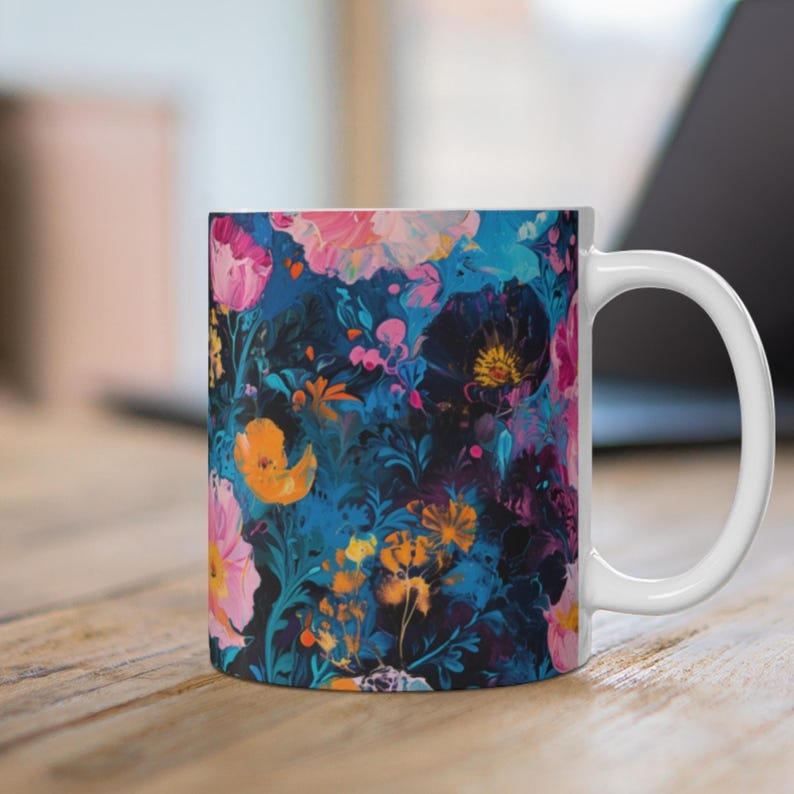 Dark Floral Mug: Bold Botanical Coffee Cup With Vibrant Artistic ...
