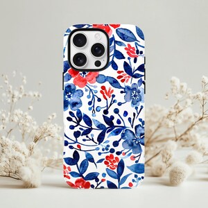 Red Blue Watercolor Floral Phone Case for iPhone Samsung Galaxy Pixel Botanical Aesthetic Pastel Floral Tough Phonecase Gift for Women Girls