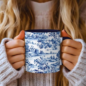 Vintage Blue Toile Country Decor Mug Housewarming Gift Vintage Cottage Home Decor Mug Best Friend Gift Landscape Decoration Vintage Kitchen