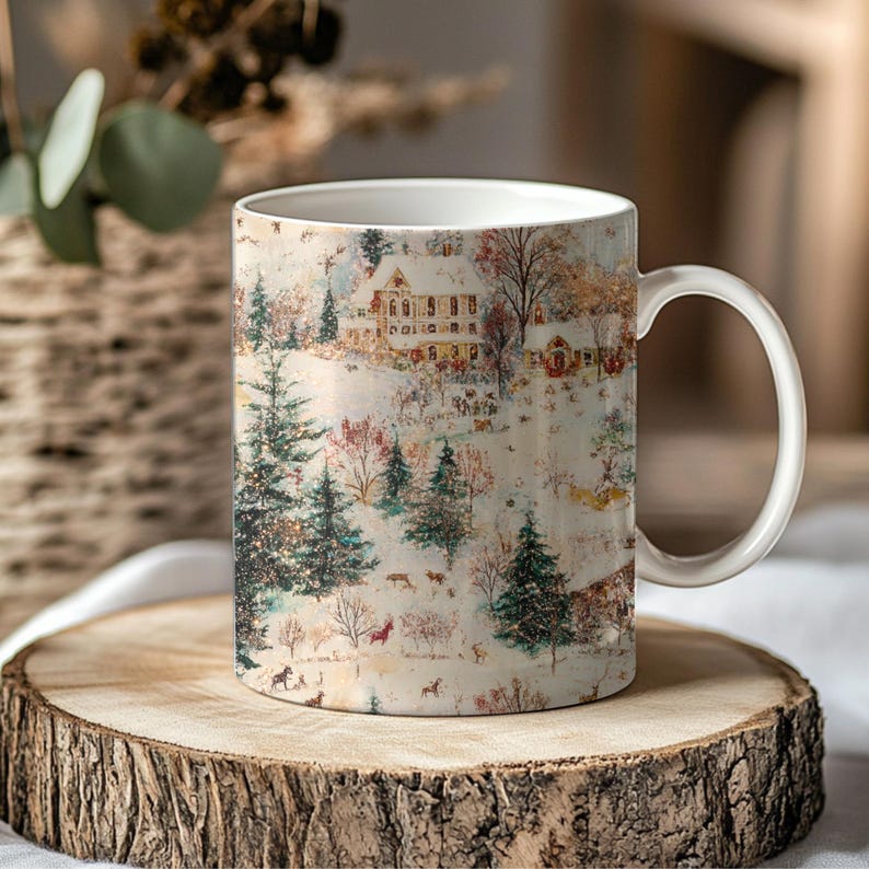 Puede incluir: Taza de cer&aacute;mica blanca con una escena invernal de un pueblo nevado, &aacute;rboles y animales. La taza tiene un asa curva y est&aacute; colocada sobre una rodaja de madera. El dise&ntilde;o incluye tonos blancos, marrones, verdes y rojos.