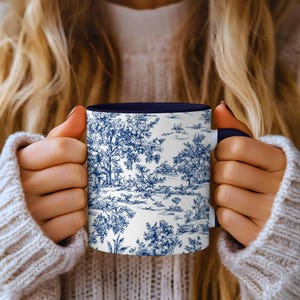 Blue Toile Farmhouse Mug: Vintage Cottagecore Kitchen Decor