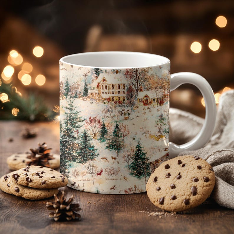 Puede incluir: Una taza de cer&aacute;mica blanca con un dise&ntilde;o de escena invernal que presenta casas, &aacute;rboles y animales. Galletas con chispas de chocolate y pi&ntilde;as acompa&ntilde;an la taza sobre una superficie de madera, creando un ambiente acogedor.