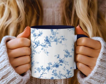 Blue and White Floral Coffee Mug: Vintage Chinoiserie Decor