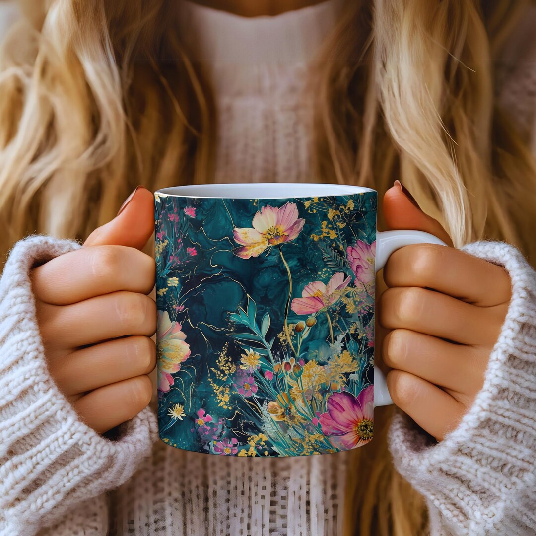 Teal Floral Coffee Mug, Watercolor Botanical Design, Gold Accents ...