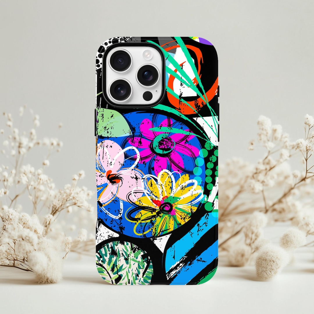Picture of Retro Neon Abstract Floral Phone Case Bold Modern Art Gift for Artists ...