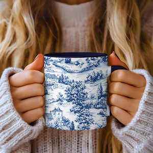 Blue Toile Coffee Mug: Vintage French Cottage Decor