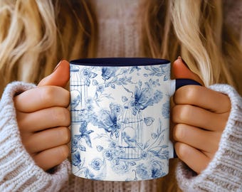 Blue Chinoiserie Floral Coffee Mug: Vintage Botanical Art Tea Cup