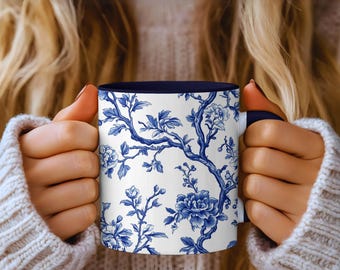 Chinoiserie Floral Coffee Mug: Blue & White Vintage Style Teacup