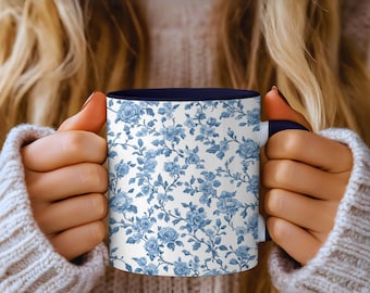 Blue Chinoiserie Floral Mug: Vintage-Style Ceramic Tea Cup