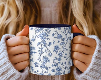 Blue Chinoiserie Floral Coffee Mug - Elegant Vintage Style Tea Cup