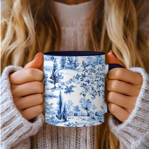 Blue Toile Coffee Mug Gift for Her Birthday Vintage Home Decor French Pastoral Mug for Coffee Lover Shabby Chic Aesthetic TeaMug Kitch Decor