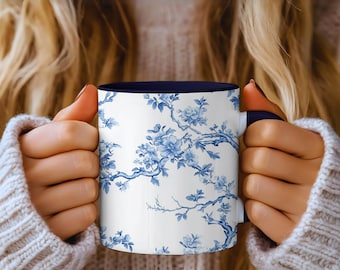Blue Floral Coffee Mug: Vintage Chinoiserie Style Ceramic Teacup