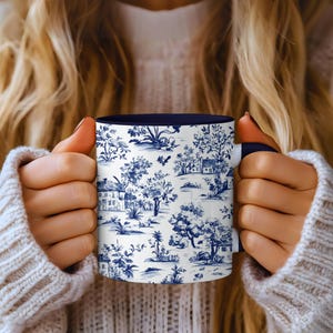 Blue Toile Coffee Mug: Vintage French Country Cottage Decor