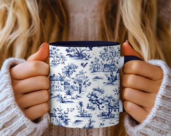 Blue Toile Coffee Mug: Vintage French Country Cottage Decor