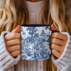 Blue Toile Village Coffee Mug Vintage Pastoral Tea Mug Chinoiserie Mug for Coffee Lover Shabby Chic Aesthetic Gift for Home Decor Unique Mug