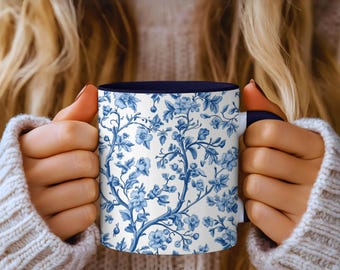 Chinoiserie Floral Coffee Mug: Vintage Blue and White Ceramic Tea Cup