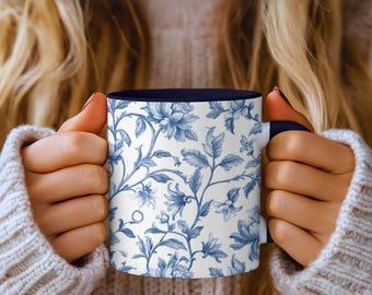 Blue & White Chinoiserie Floral Coffee Mug: Vintage Ceramic Tea Cup