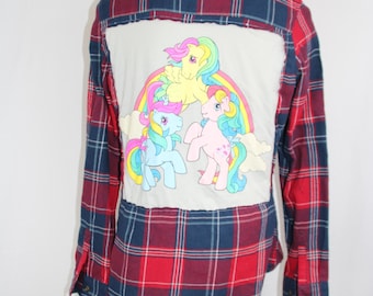 Flannel Upcycled Women's My Little Pony Raw Edge Size Small One of a Kind Shirt